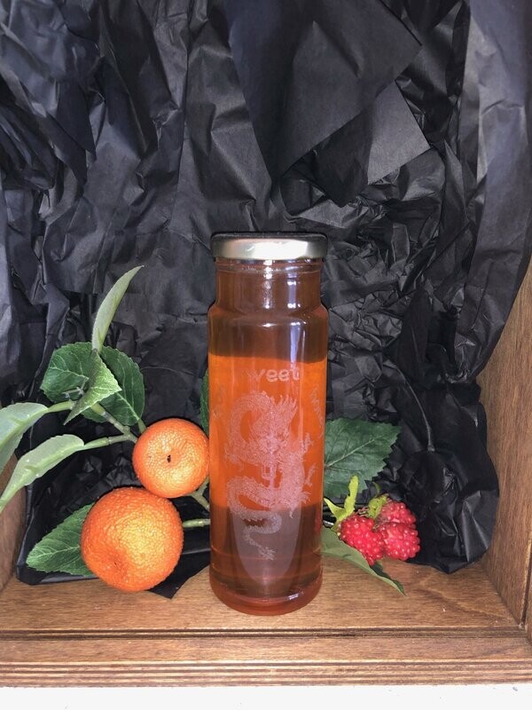 100% Pure, Raw Unfiltered Orange Blossom Honey; 12 Oz Glass Dragon Etched Jar