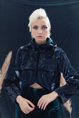 Double Zip Cropped Origami Jacket With Concealable Hoodie