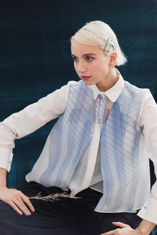 Origami Cotton and Organza Waistcoat Shirt with Print