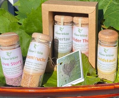 Salz im Geschenk Set 2er Kleine Gläser (insgesamt 40-60 g) aus dem verfügbaren Sortiment frei wählbar. Incl. Geschenkverpackung und -Anhänger