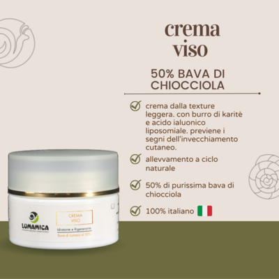 Crema viso 50% bava di chiocciola 50ml
Ideale per viso, collo e décolletté.
