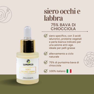 Siero contorno occhi e labbra 75% bava di chiocciola 15ml