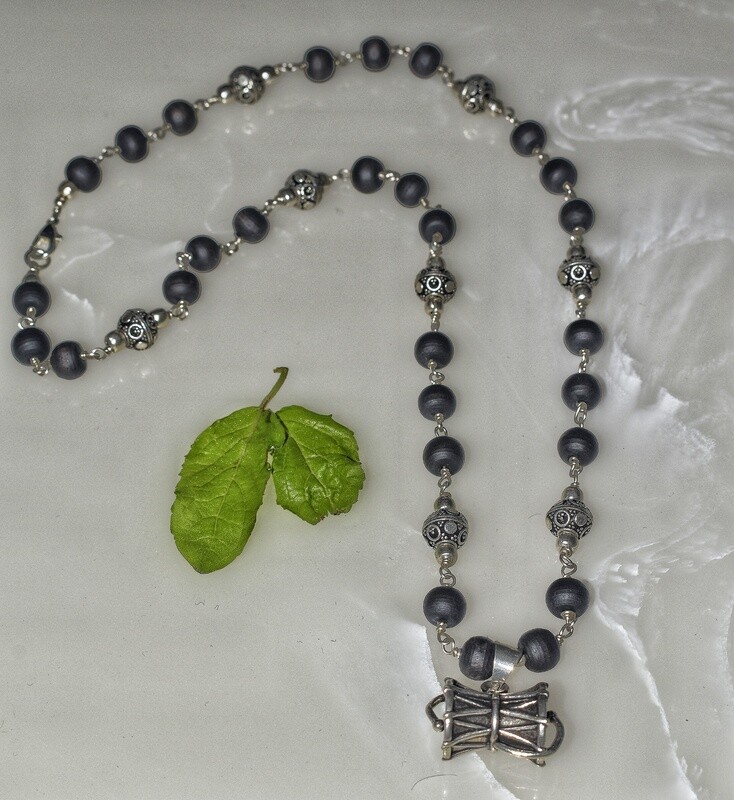 Shiva Damaru Silver Pendant With Tulasi Beads Mala