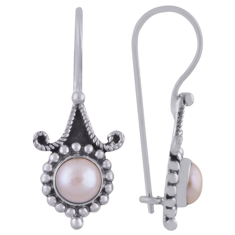 3. PEARL NATURAL GEMSTONE 925 STERLING SOLID SILVER ROUND CABOCHON STONE HANDMADE EARRINGS