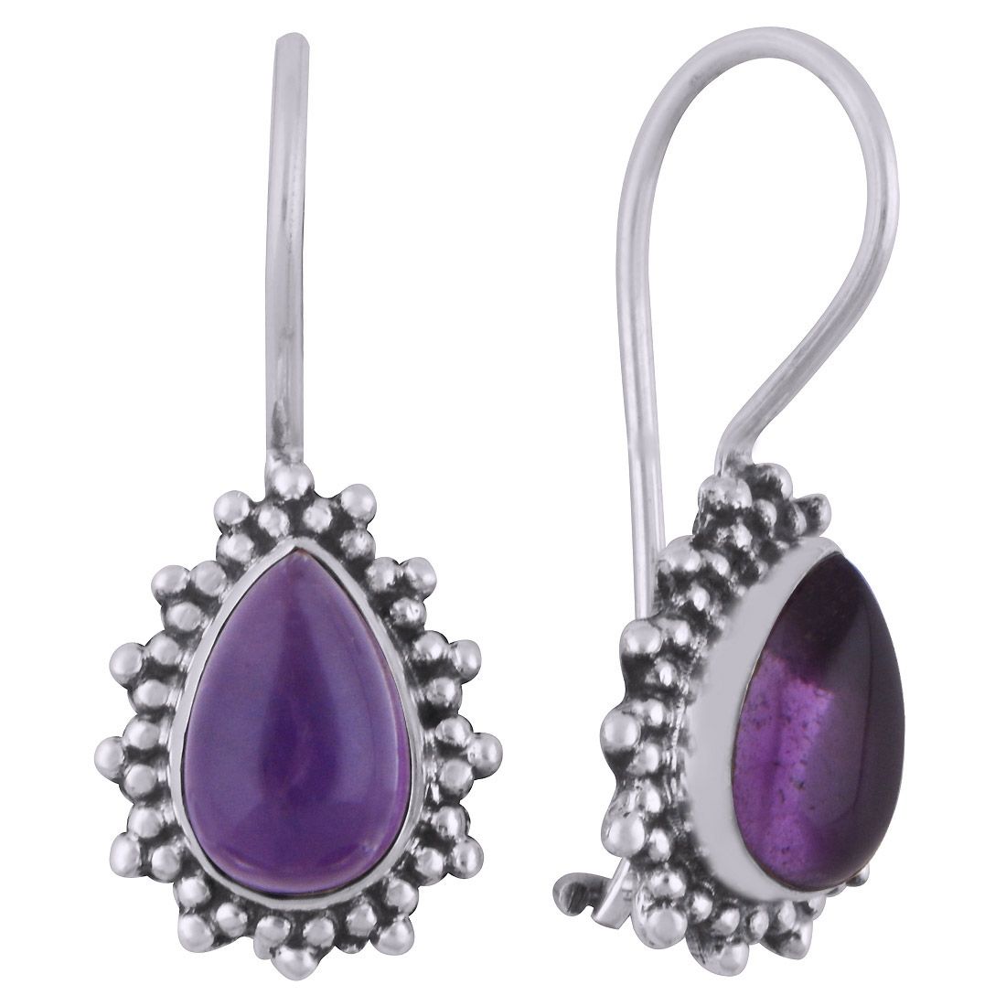2. AMETHYST NATURAL GEMSTONE 925 STERLING SOLID SILVER PEAR CABOCHON STONE HANDMADE EARRINGS