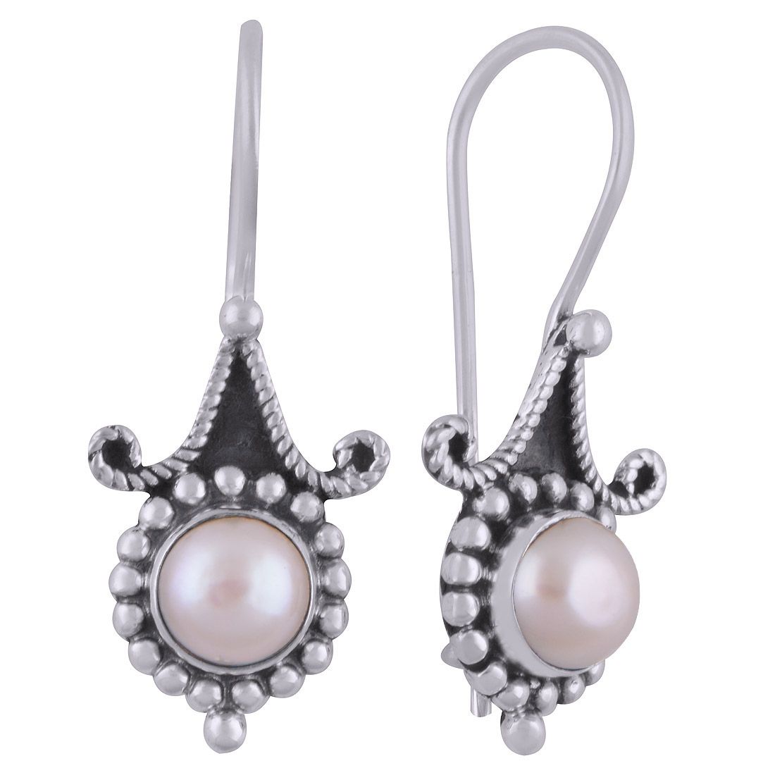 3. PEARL NATURAL GEMSTONE 925 STERLING SOLID SILVER ROUND CABOCHON STONE HANDMADE EARRINGS