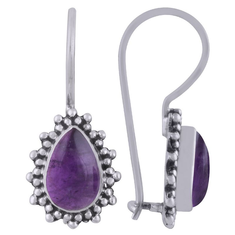 2. AMETHYST NATURAL GEMSTONE 925 STERLING SOLID SILVER PEAR CABOCHON STONE HANDMADE EARRINGS