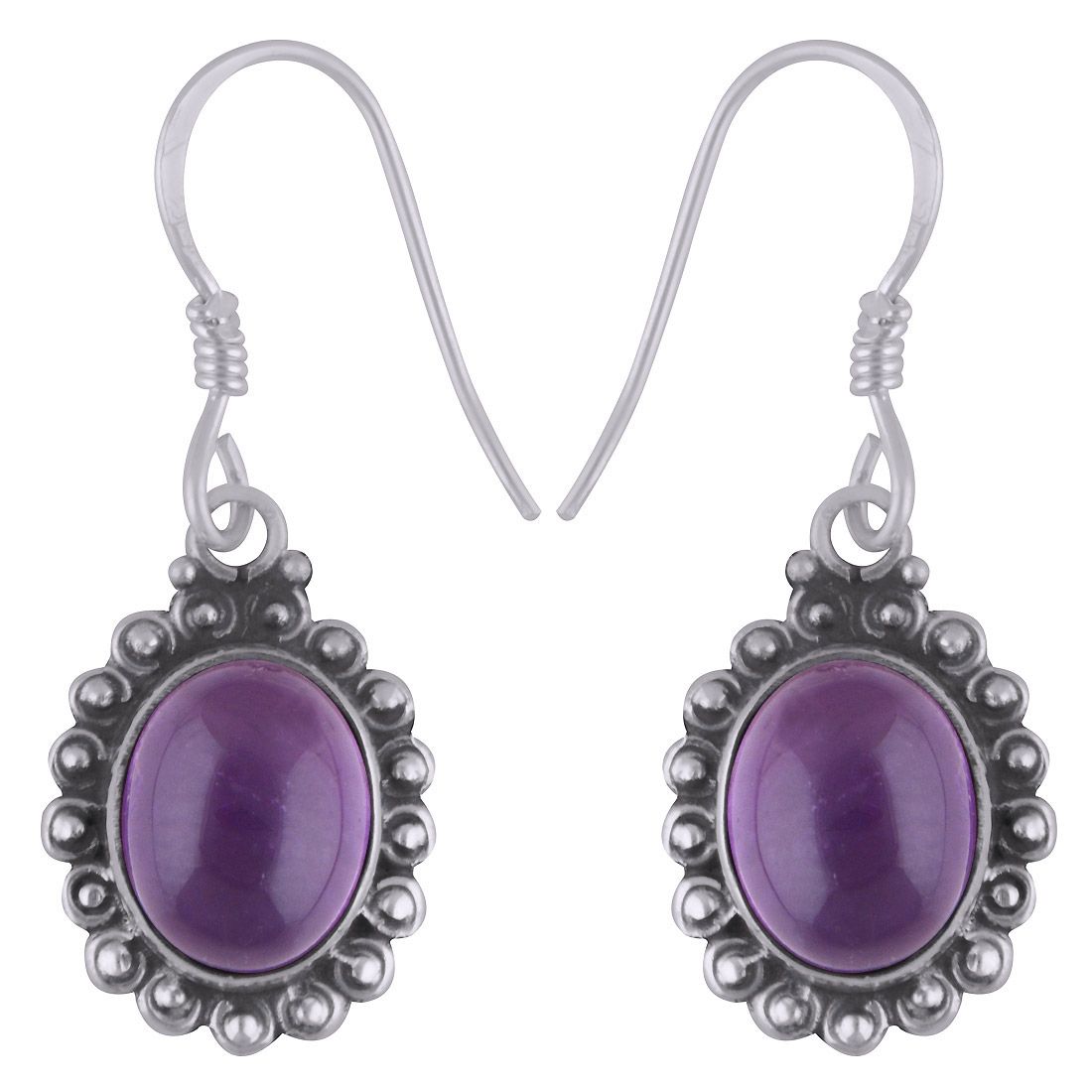 4. AMETHYST NATURAL GEMSTONE 925 STERLING SOLID SILVER OVAL CABOCHON STONE HANDMADE EARRINGS