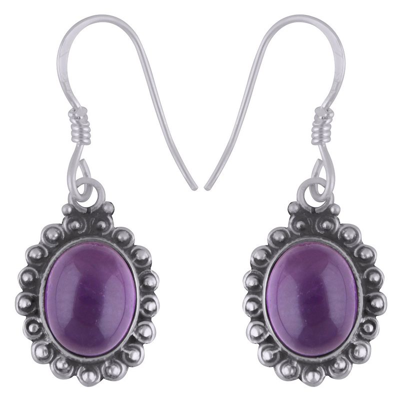4. AMETHYST NATURAL GEMSTONE 925 STERLING SOLID SILVER OVAL CABOCHON STONE HANDMADE EARRINGS
