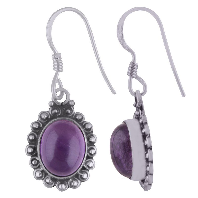 4. AMETHYST NATURAL GEMSTONE 925 STERLING SOLID SILVER OVAL CABOCHON STONE HANDMADE EARRINGS