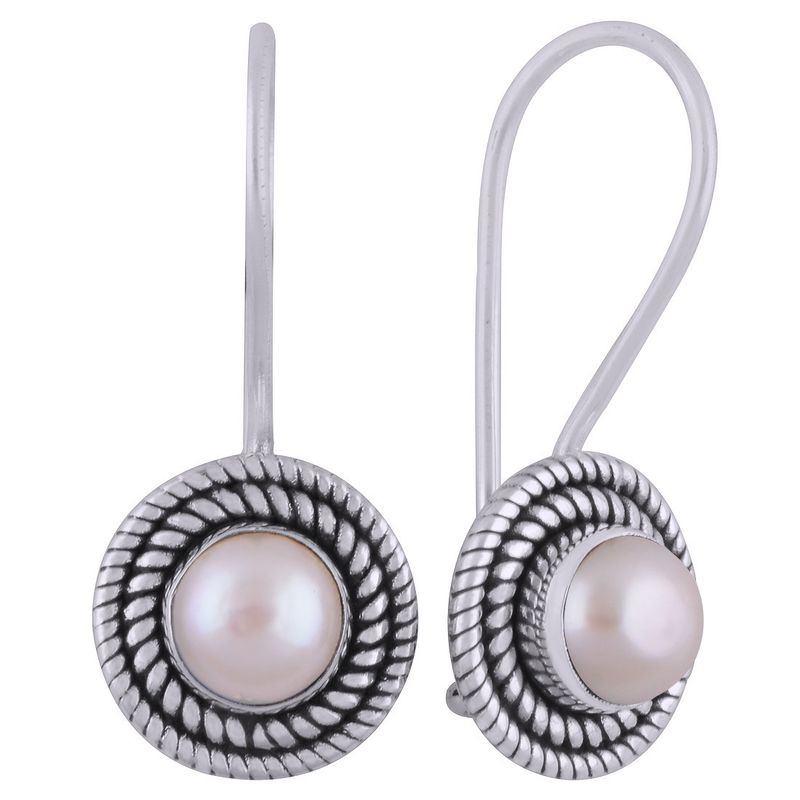 7.PEARL NATURAL GEMSTONE 925 STERLING SOLID SILVER ROUND CABOCHON STONE HANDMADE EARRINGS