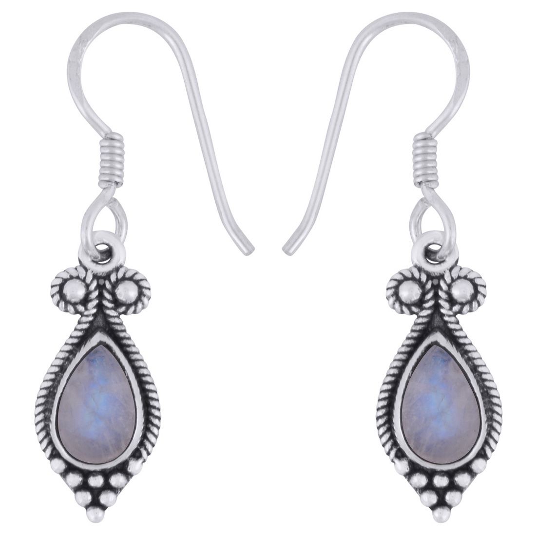 6. Gorgeous Rawa &amp; Wire Work Around Rainbow Moonstone Pear Shape 925 Sterling Solid Silver Dangle Earrings
