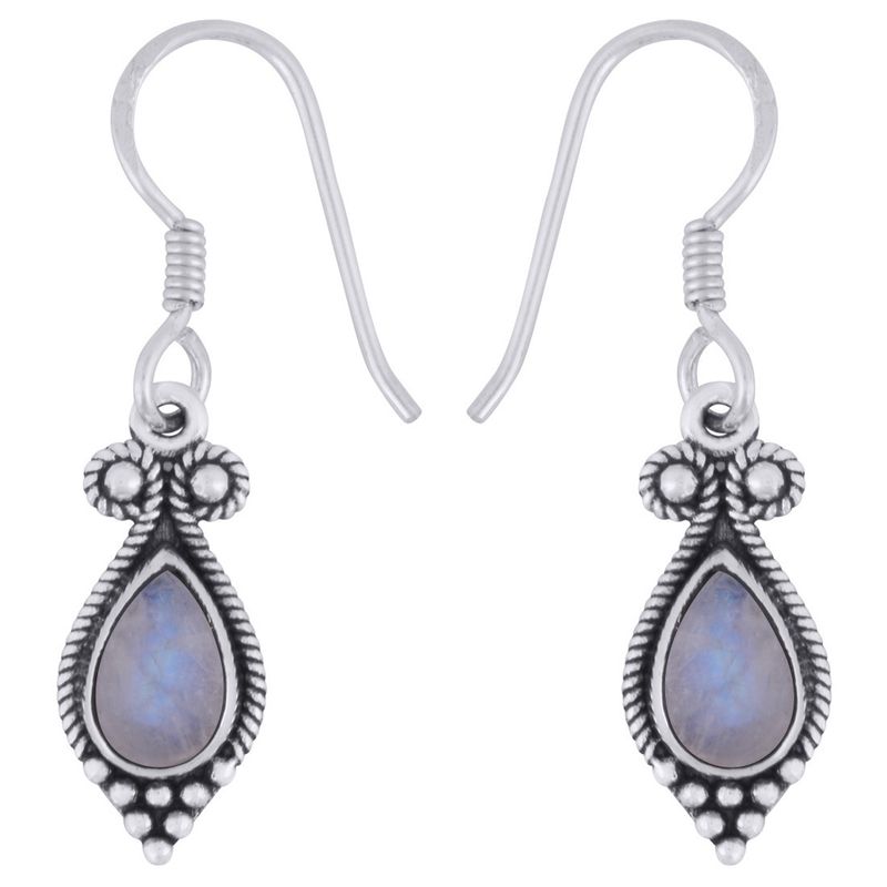 6. Gorgeous Rawa &amp; Wire Work Around Rainbow Moonstone Pear Shape 925 Sterling Solid Silver Dangle Earrings