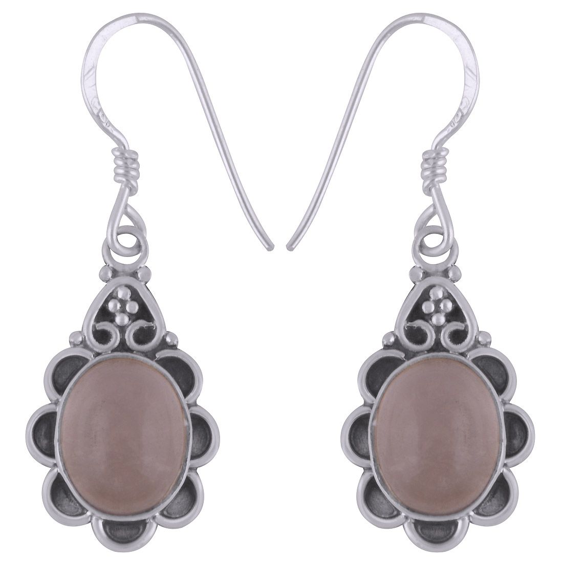 9.ROSE QUARTZ NATURAL GEMSTONE 925 STERLING SOLID SILVER ROUND CABOCHON STONE HANDMADE EARRINGS