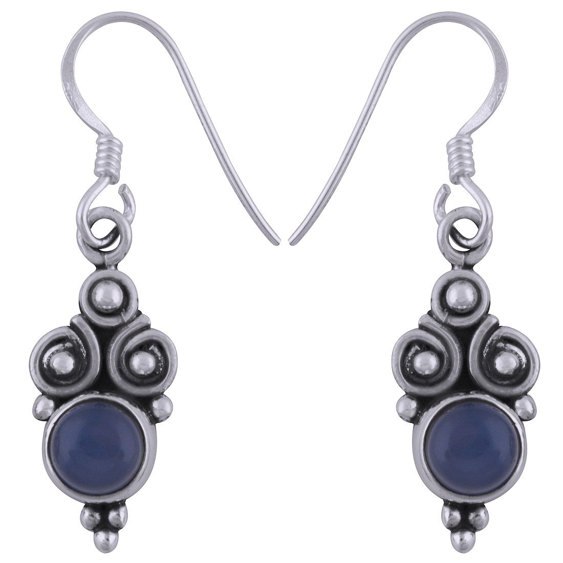 14. CHALCEDONY BLUE NATURAL GEMSTONE 925 STERLING SOLID SILVER ROUND CABOCHON STONE HANDMADE EARRINGS