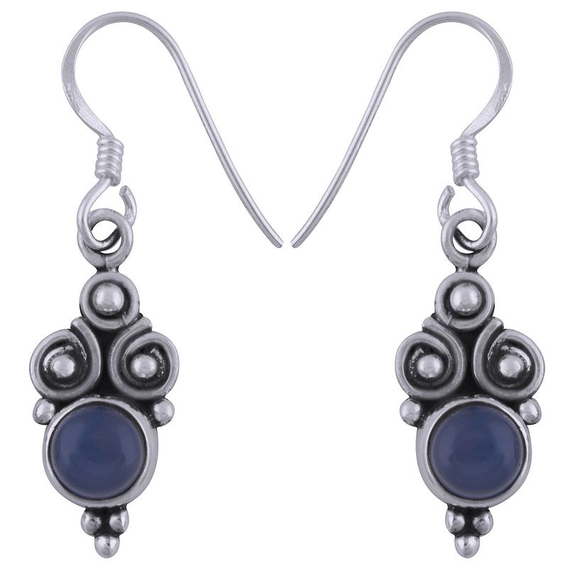 14. CHALCEDONY BLUE NATURAL GEMSTONE 925 STERLING SOLID SILVER ROUND CABOCHON STONE HANDMADE EARRINGS