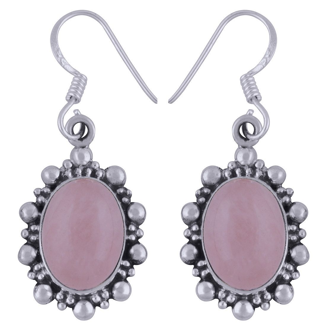 15. ROSE QUARTZ NATURAL GEMSTONE 925 STERLING SOLID SILVER OVAL CABOCHON STONE HANDMADE EARRINGS