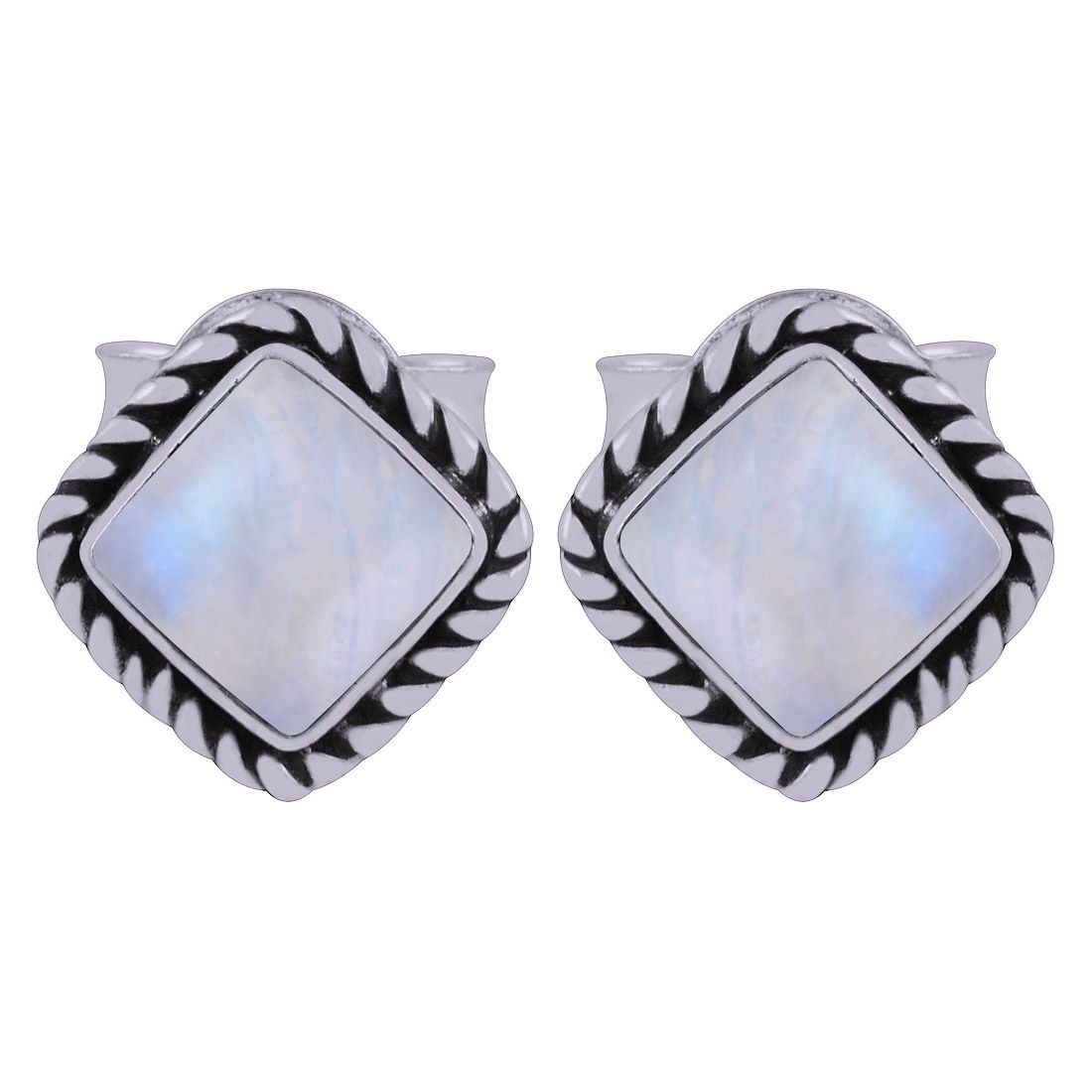 1. RAINBOW MOONSTONE NATURAL GEMSTONE 925 STERLING SOLID SILVER RHOMBUS CABOCHON STONE HANDMADE STUD EARRINGS