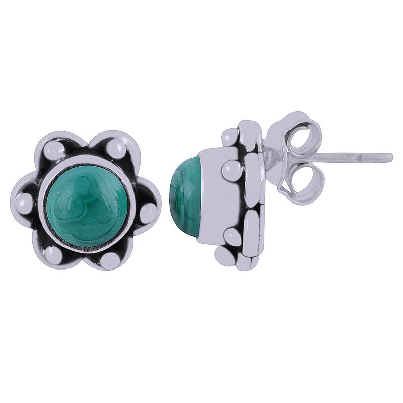 2. MALACHITE NATURAL GEMSTONE 925 STERLING SOLID SILVER ROUND CABOCHON STONE HANDMADE STUD EARRINGS