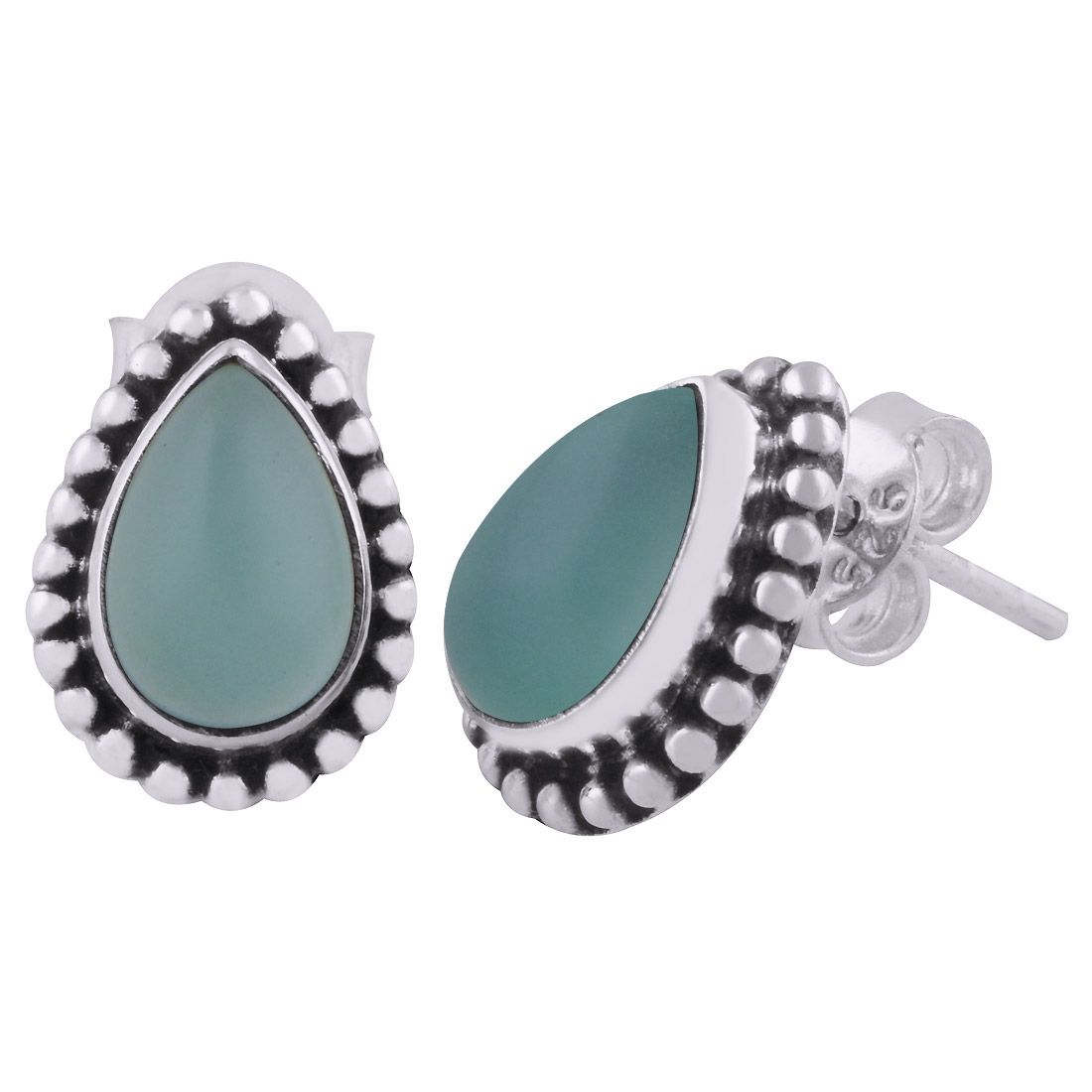 3.Classic Rawa Work Around Aqua Chalcedony Pear Shape 925 Sterling Solid Silver Studs Earrings