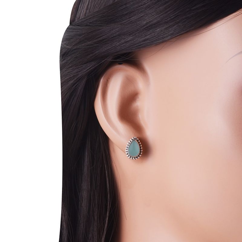 3.Classic Rawa Work Around Aqua Chalcedony Pear Shape 925 Sterling Solid Silver Studs Earrings