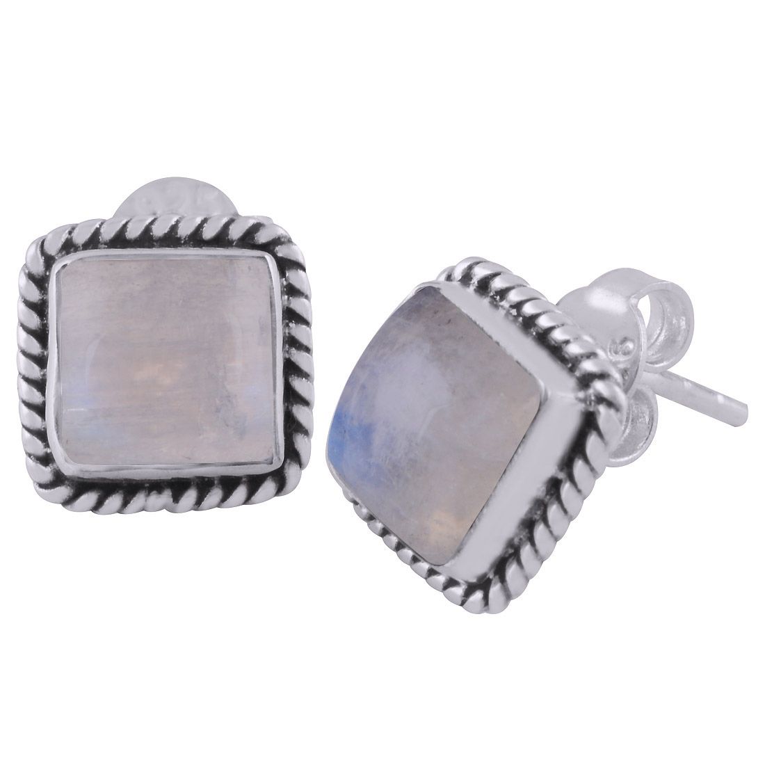 6. Authentic Wire Work Around Rainbow Moonstone Square Shape 925 Sterling Solid Silver Studs Earrings