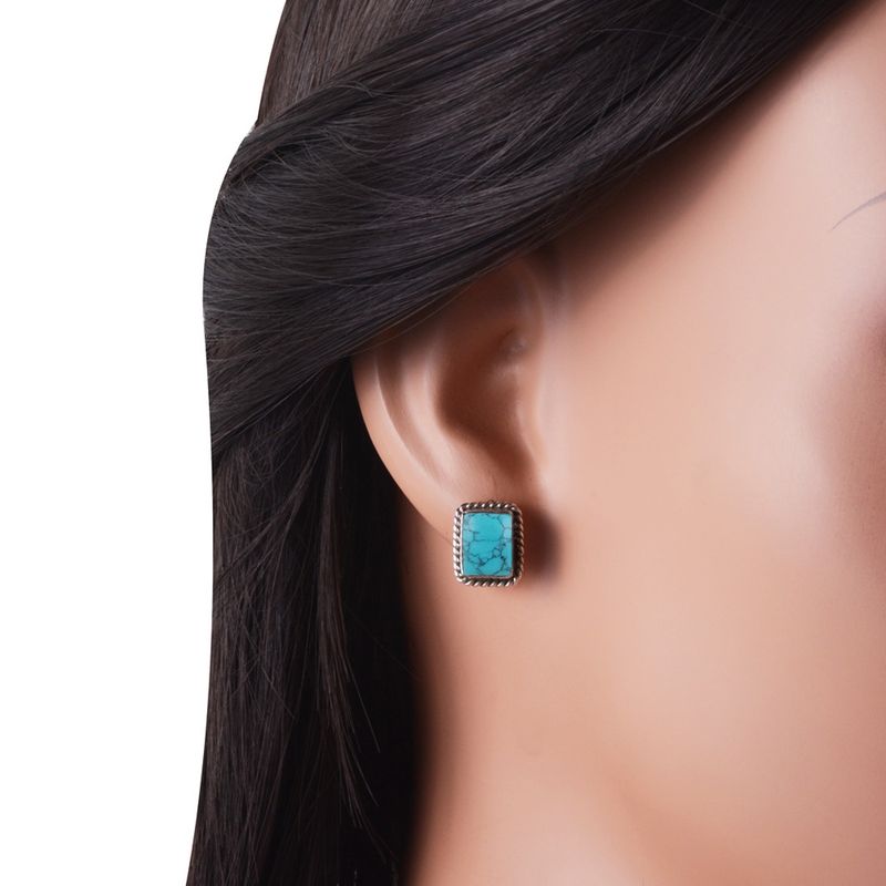 6.Authentic Wire Work Around Turquoise Rectangle Shape 925 Sterling Solid Silver Studs Earrings