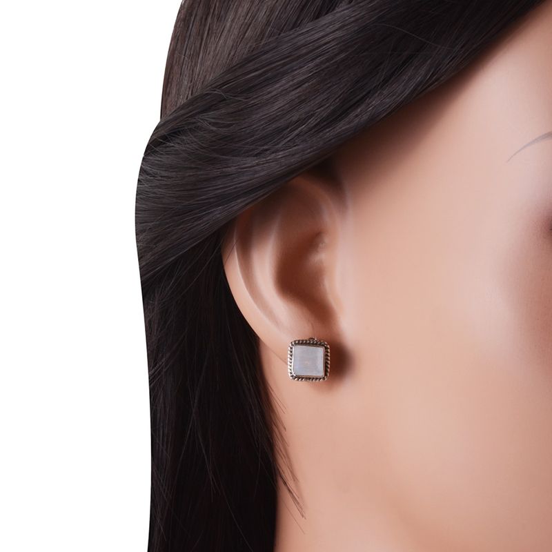 6. Authentic Wire Work Around Rainbow Moonstone Square Shape 925 Sterling Solid Silver Studs Earrings
