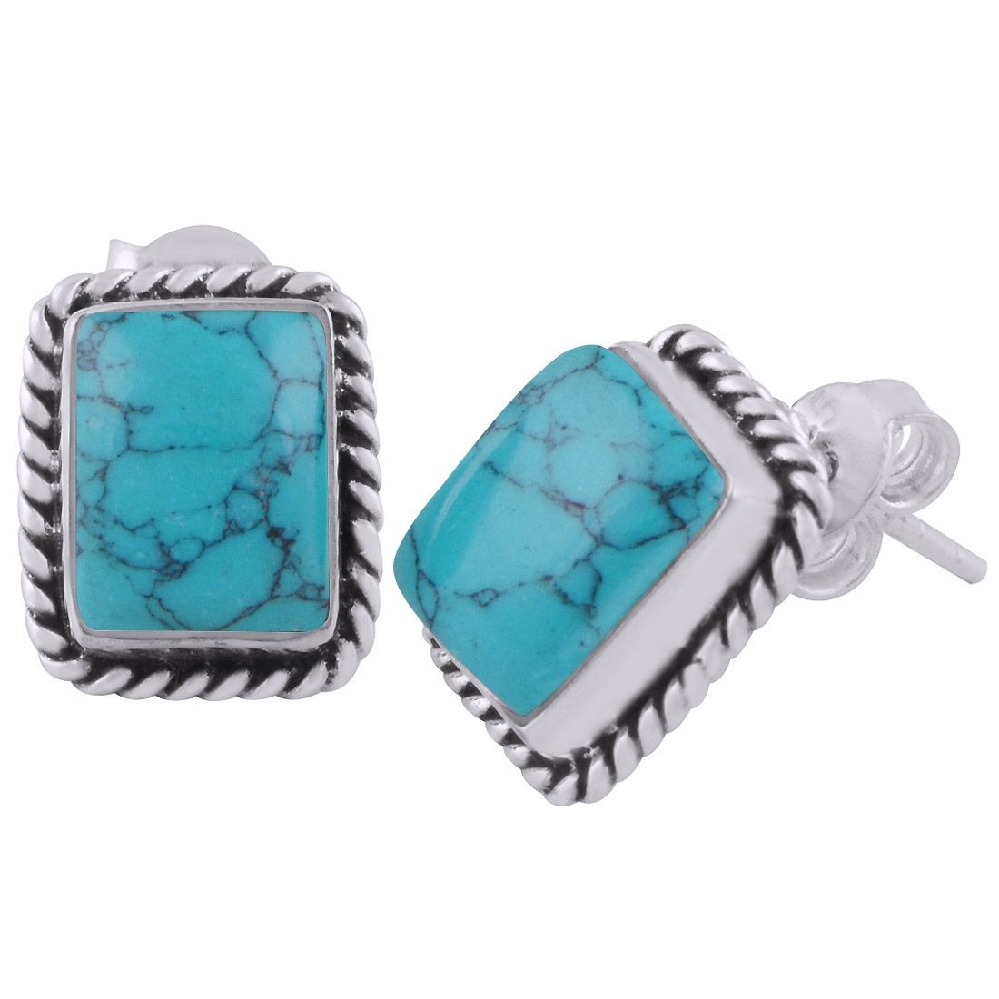 6.Authentic Wire Work Around Turquoise Rectangle Shape 925 Sterling Solid Silver Studs Earrings