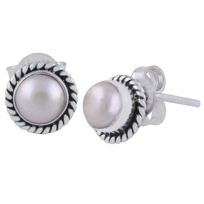 7.Authentic Wire Work Around Pearl Round Shape 925 Sterling Solid Silver Studs Earrings