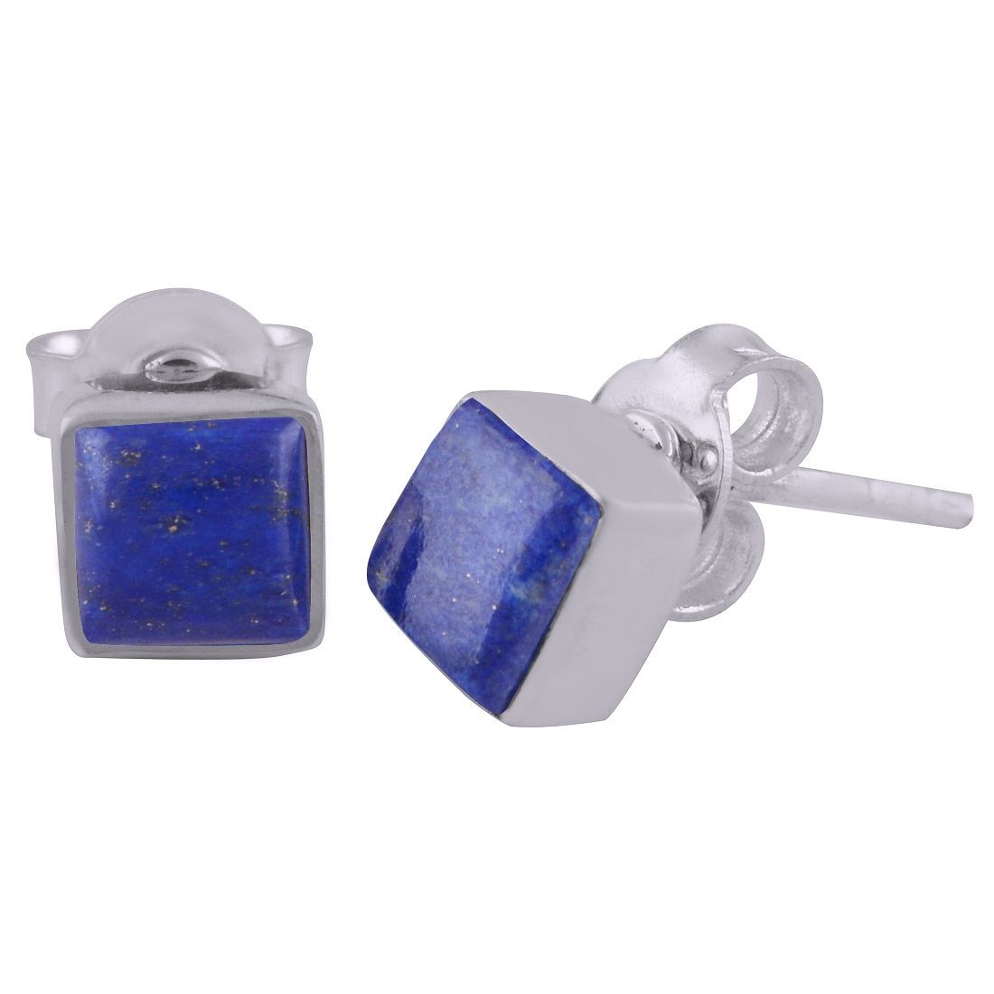 8. Plain Collet Natural Lapis Square Shape 925 Sterling Solid Silver Studs Earrings