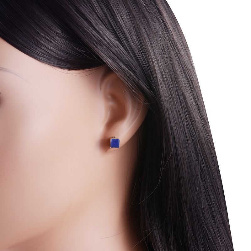 8. Plain Collet Natural Lapis Square Shape 925 Sterling Solid Silver Studs Earrings