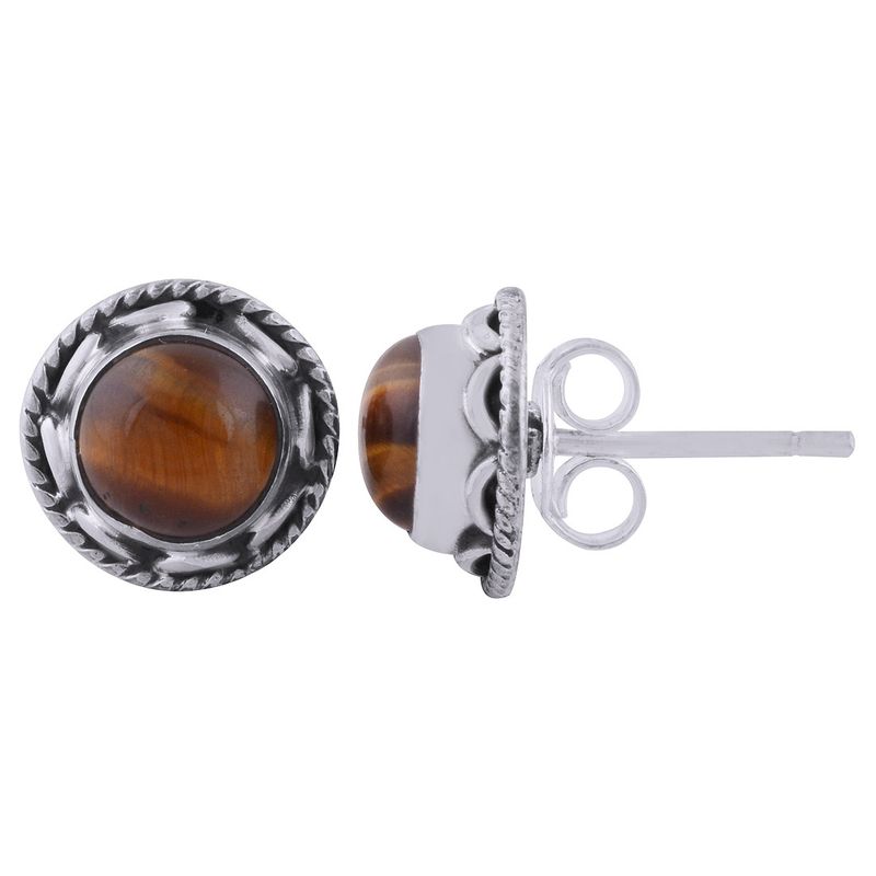 10. TIGERS EYE NATURAL GEMSTONE 925 STERLING SOLID SILVER ROUND CABOCHON STONE HANDMADE STUD EARRINGS