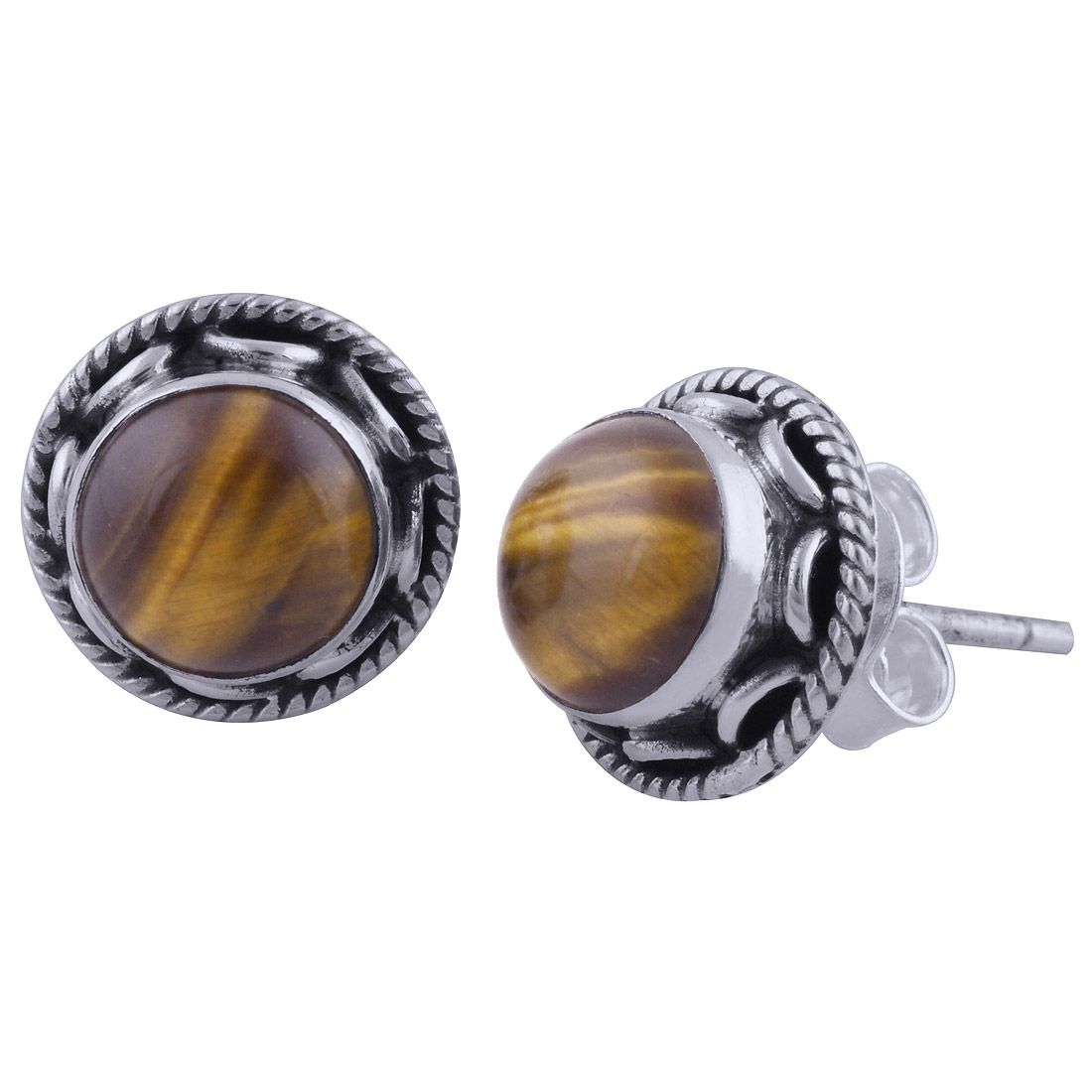 10. TIGERS EYE NATURAL GEMSTONE 925 STERLING SOLID SILVER ROUND CABOCHON STONE HANDMADE STUD EARRINGS