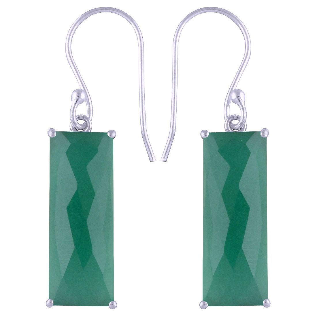 16. GREEN ONYX NATURAL GEMSTONE 925 STERLING SOLID SILVER RECTANGLE CUT STONE HANDMADE EARRINGS