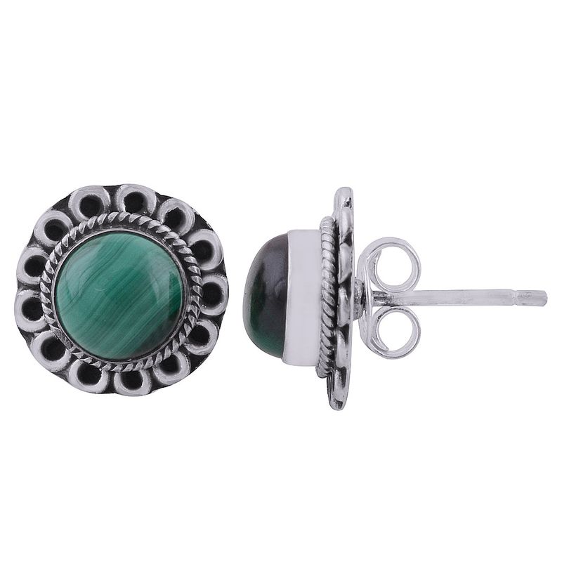 11.MALACHITE NATURAL GEMSTONE 925 STERLING SOLID SILVER ROUND CABOCHON STONE HANDMADE STUD EARRINGS