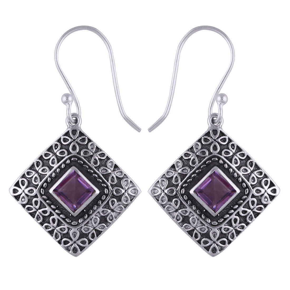 17. AMETHYST NATURAL GEMSTONE 925 STERLING SOLID SILVER SQUARE CUT STONE HANDMADE EARRINGS