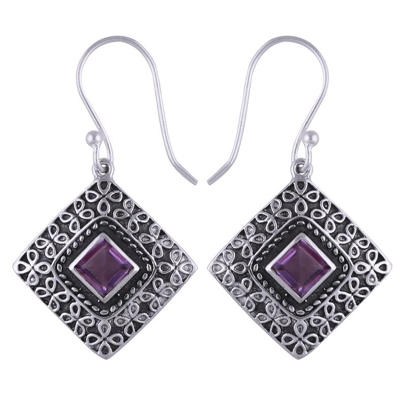 17. AMETHYST NATURAL GEMSTONE 925 STERLING SOLID SILVER SQUARE CUT STONE HANDMADE EARRINGS