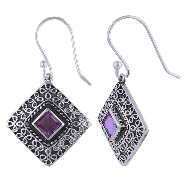 17. AMETHYST NATURAL GEMSTONE 925 STERLING SOLID SILVER SQUARE CUT STONE HANDMADE EARRINGS