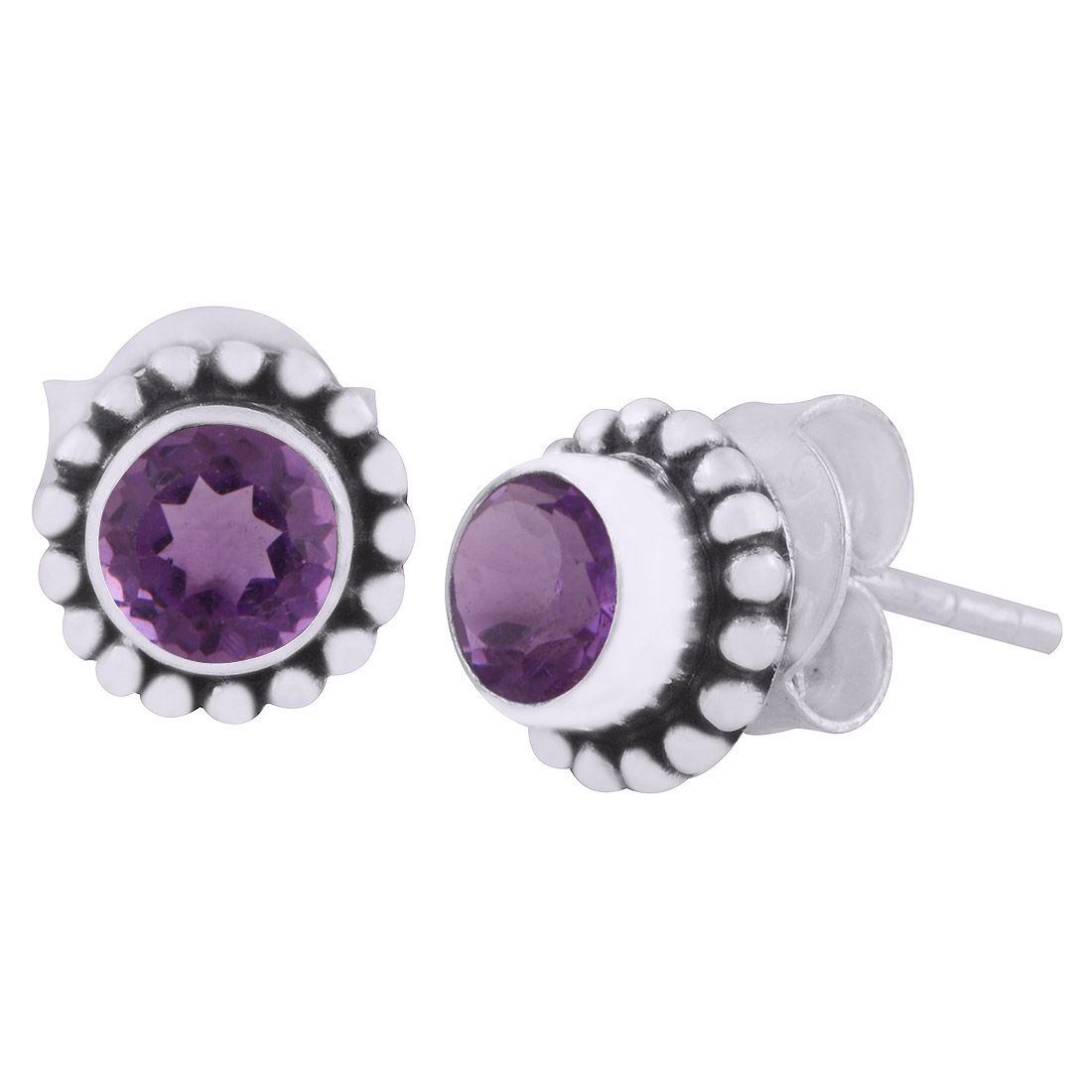 13.Stunning Rawa Work Around Amethyst Round Shape 925 Sterling Solid Silver Studs Earrings