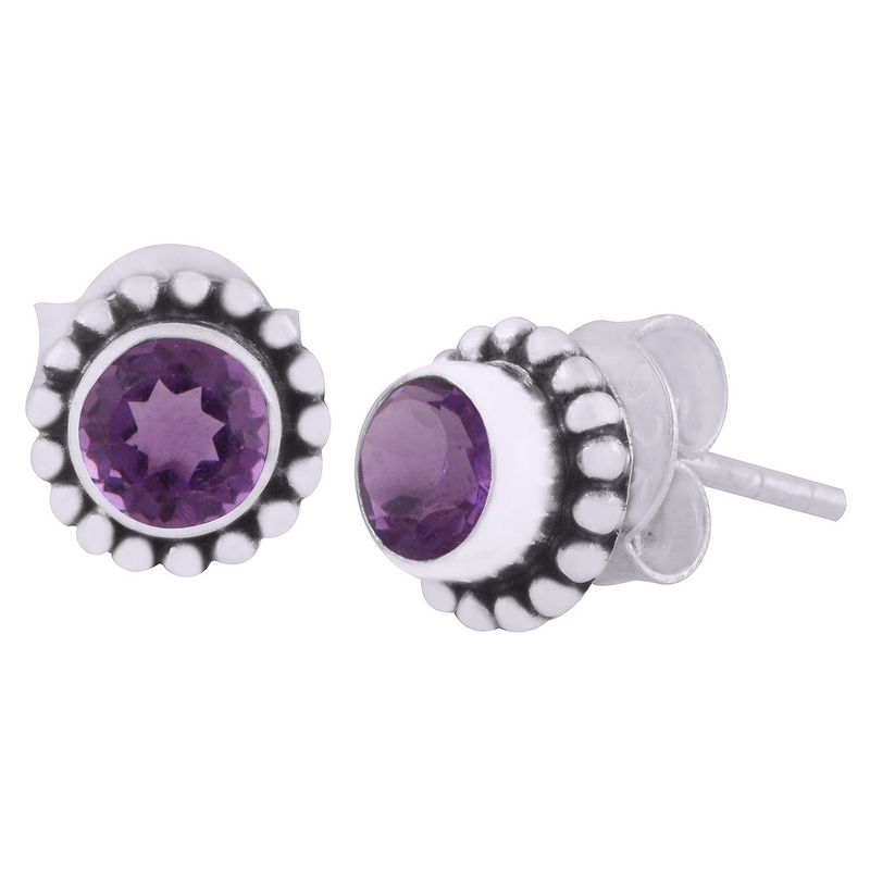13.Stunning Rawa Work Around Amethyst Round Shape 925 Sterling Solid Silver Studs Earrings