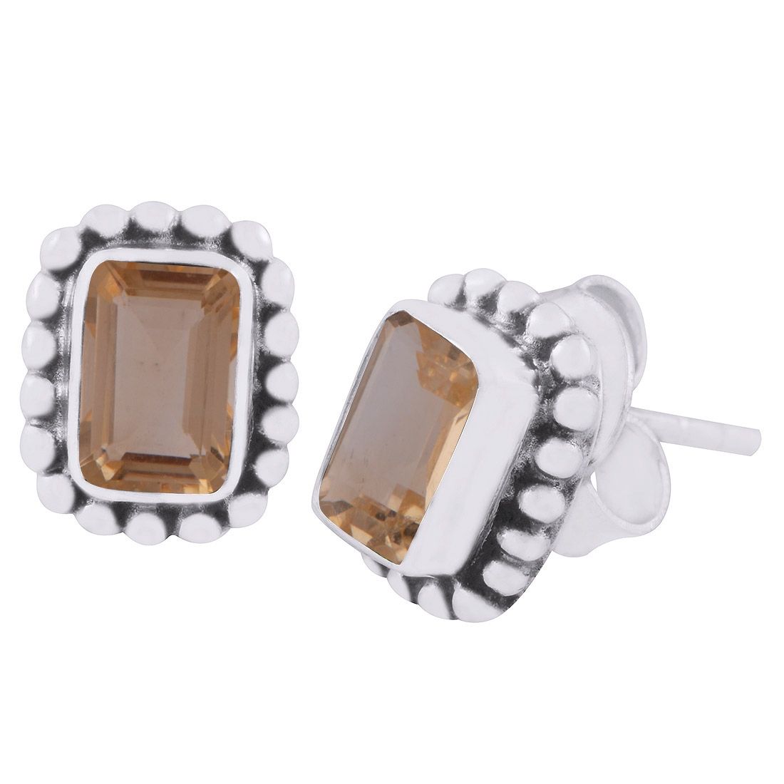 14. Citrine Natural Gemstone Stunning Rawa Work Around Rectangle Shape 925 Sterling Solid Silver Studs Earrings