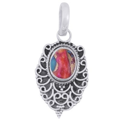 1.Stunning Oxidised Handcrafted Work Around Pink Oyster Copper Turquoise Oval Shape 925 Sterling Solid Silver PendantItem No.:  R102006-5