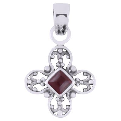 2. Beautiful Rawa Work Around Garnet Rhombus Shape 925 Sterling Solid Silver Pendant Item No.:  R102014-1
