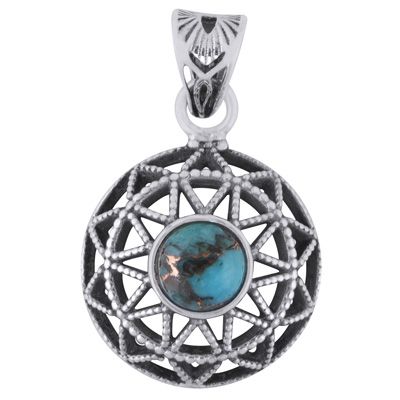 3. Stunning Handcrafted Pattern Around Blue Copper Turquoise Round Shape 925 Sterling Solid Silver Pendant Item No.:  R102019-3