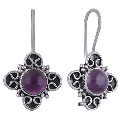 1. AMETHYST NATURAL GEMSTONE 925 STERLING SOLID SILVER ROUND CABOCHON STONE HANDMADE EARRINGS