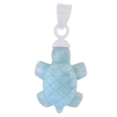 9. Gorgeous Tortoise Carved out of Gemstone Larimar 925 Sterling Solid Silver PendantItem No.:  R101999-6