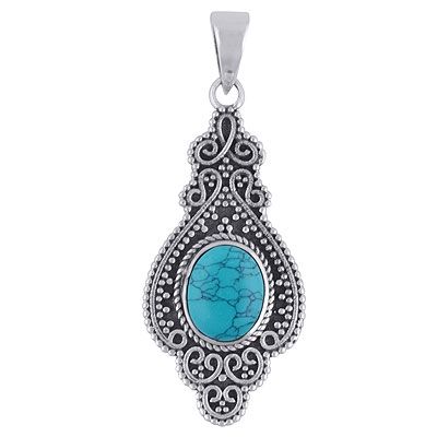 16. Stunning Handcrafted Rawa Work Around Turquoise Oval Shape 925 Sterling Solid Silver PendantItem No.:  R101967-3