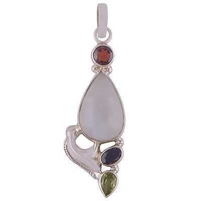 25. Beautifully Designed Four Stone Rainbow Moonstone,Garnet,Iolite,Peridot Pear Shape 925 Sterling Solid Silver Pendant  Item No.:  R101869-19