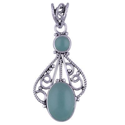 29. Beautiful Two Stone Handcrafted Aqua Chalcedony Oval,Round Shape 925 Sterling Solid Silver PendantItem No.:  R101412-54